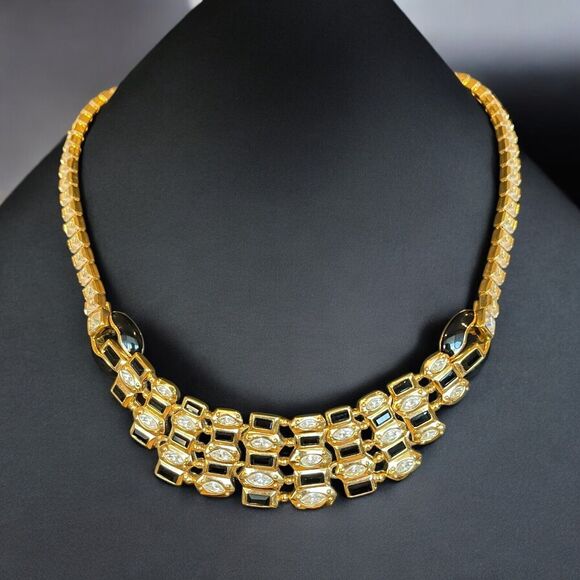 Unbranded Jewelry - Vintage 1980s Gold Tone Black Enamel CZ Statement Necklace 15-18” Retro Jewelry